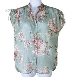 Belle Sky Sz Medium Blouse Semi Sheer Floral Button Up High Low Cinch Shoulders